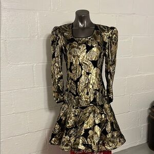 Vintage Black and Gold Ruffled Embellished Dress Black Slip Size 8